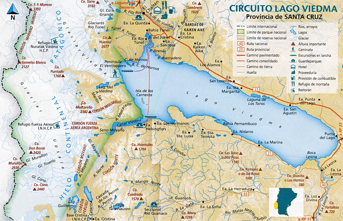 Circuito Lago Viedma del Parque Nacional Los Glaciares, Provincia de Santa Cruz. Cartografía: Nélida Iglesias y María Teresa Cereceda. Parques Nacionales, Aguilar