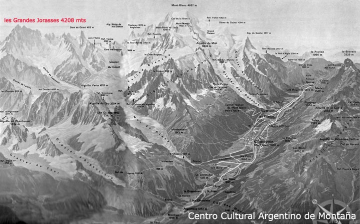 Mapa de la Zona del Monte Blanco ( Mont- Blanc), Chamonix, en la frontera de Francia e Italia
