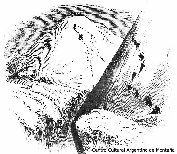 Escalando en el Macizo de Mont Blanc, en el año 1853. Grabado. Grandes Jorasses