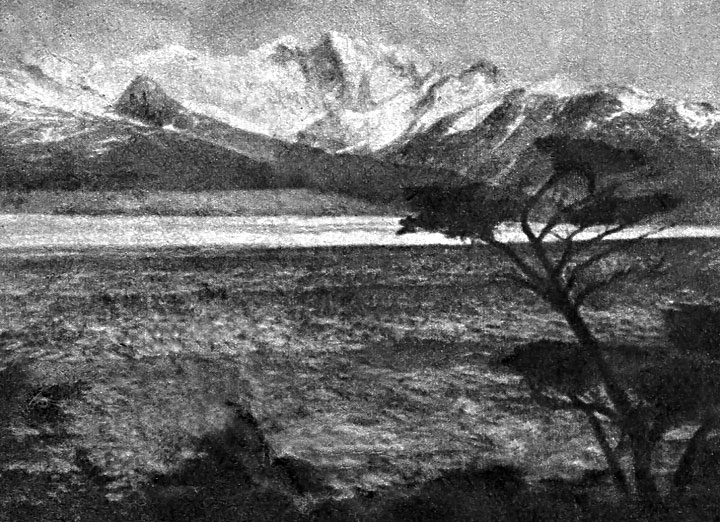 Expedición a la región de los Hielos Patagónicos de 1933. La sierra de O'Higgins vista desde el último poblado. Foto: Ilse Von Rentzell