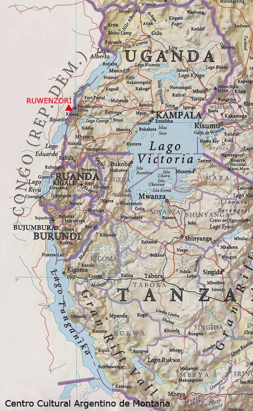 Ubicación de las montañas de Ruwenzori, entre Zaire y Uganda, Africa