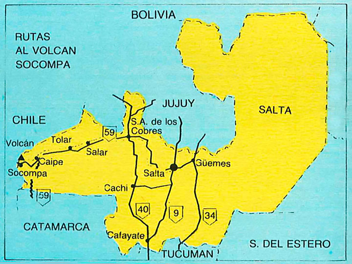 Mapa de ubicación del Volcán Socompa, sobre el límite con Chile. Mapa: Revista Weekend