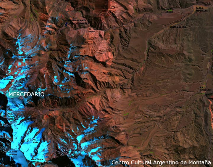 Mapa satelital de la cordillera La Ramada. Ubicación del Cerro Mercedario, San Juan, Argentina 