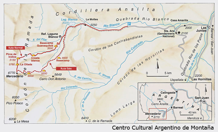 Mapa de las rutas al Cerro Mercedario, San Juan, Argentina 