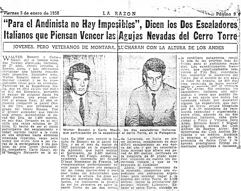 Publicación de la expedición italo-argentina al Cerro Torre en el Diario 