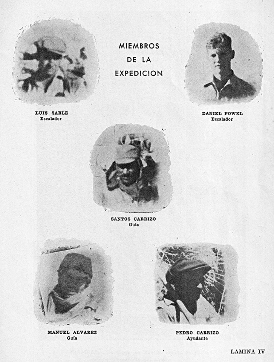 Miembros de la expedición a Ojos del Salado. Luis Sable, Daniel Powel, Santos Carrizo, Manuel Alvarez, Pedro Carrizo. Libro de Montaña: Ojos del Salado, Andes Catamarqueños