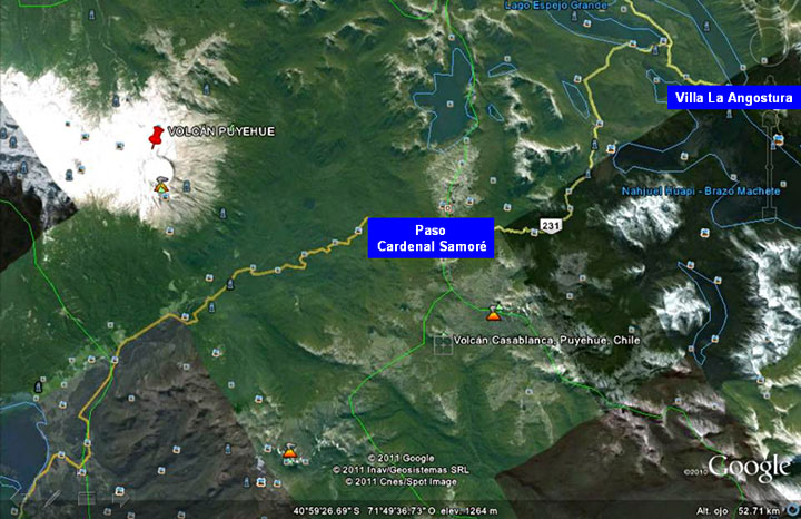 Volcán Puyehue, situado en las cercanías de Osorno, al sur de Chile, a la altura de San Carlos de Bariloche por el lado argentino. Los alcances de las cenizas obligó a cerrar el paso fronterizo Cardenal Samoré. Imagen Satelital: Google