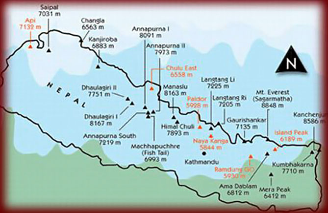 Mapa de Nepal y sus picos incluyendo el Manaslú de 8.163 mts.