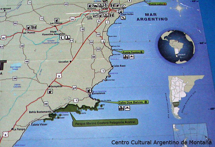 Mapa de ubicación del Parque Marino Costero Patagonia Austral y Cabo Dos Bahias, Chubut. Travesía en bicicleta a los Parques Nacionales