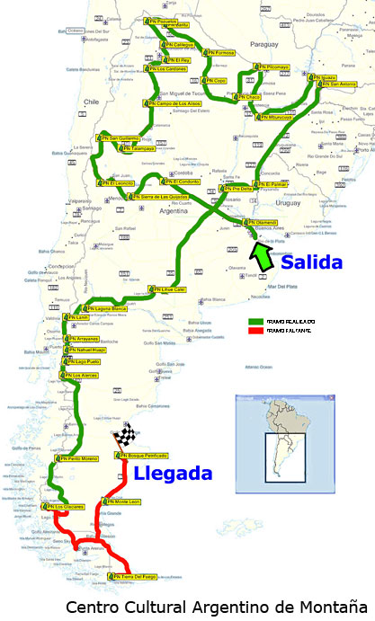 Recorrido de la travesía en bicicleta por los Parques Nacionales Argentinos.