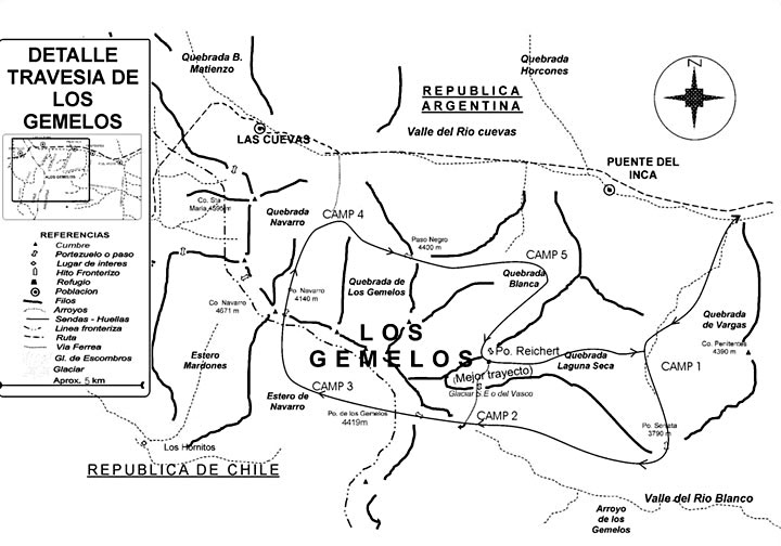 Mapa en detalle de la Travesía de Los Gemelos, Provincia de Mendoza