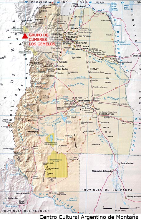 Ubicación del grupo de cumbres Los Gemelos, Mendoza, Argentina