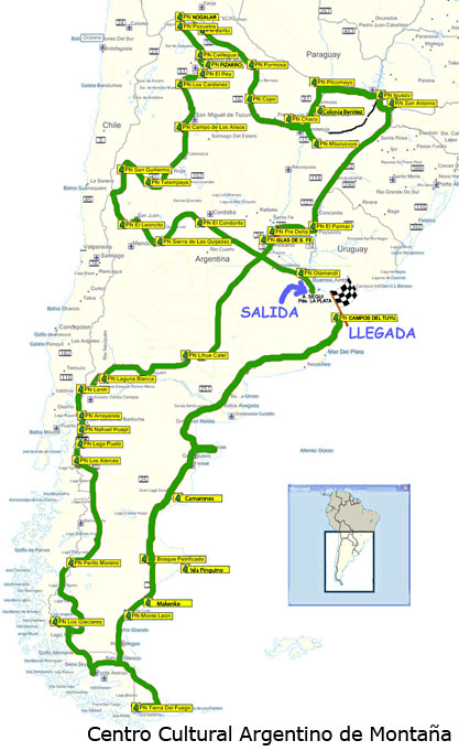 Recorrido de la travesía en bicicleta por los Parques Nacionales Argentinos.