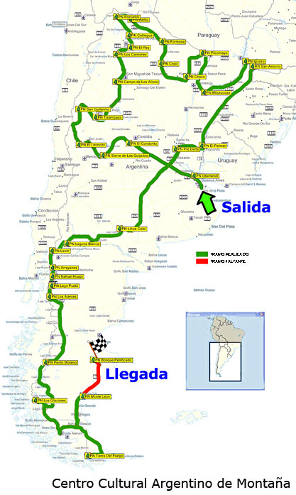 Recorrido de la travesía en bicicleta por los Parques Nacionales Argentinos.