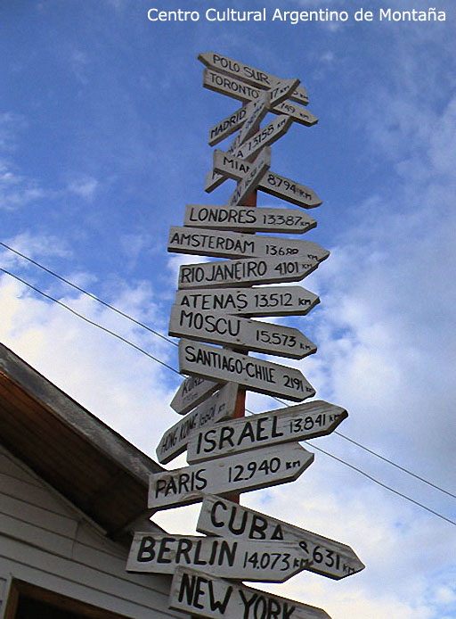 Carteles de distancias a diferentes ciudades del mundo en un puesto en Tierra del Fuego